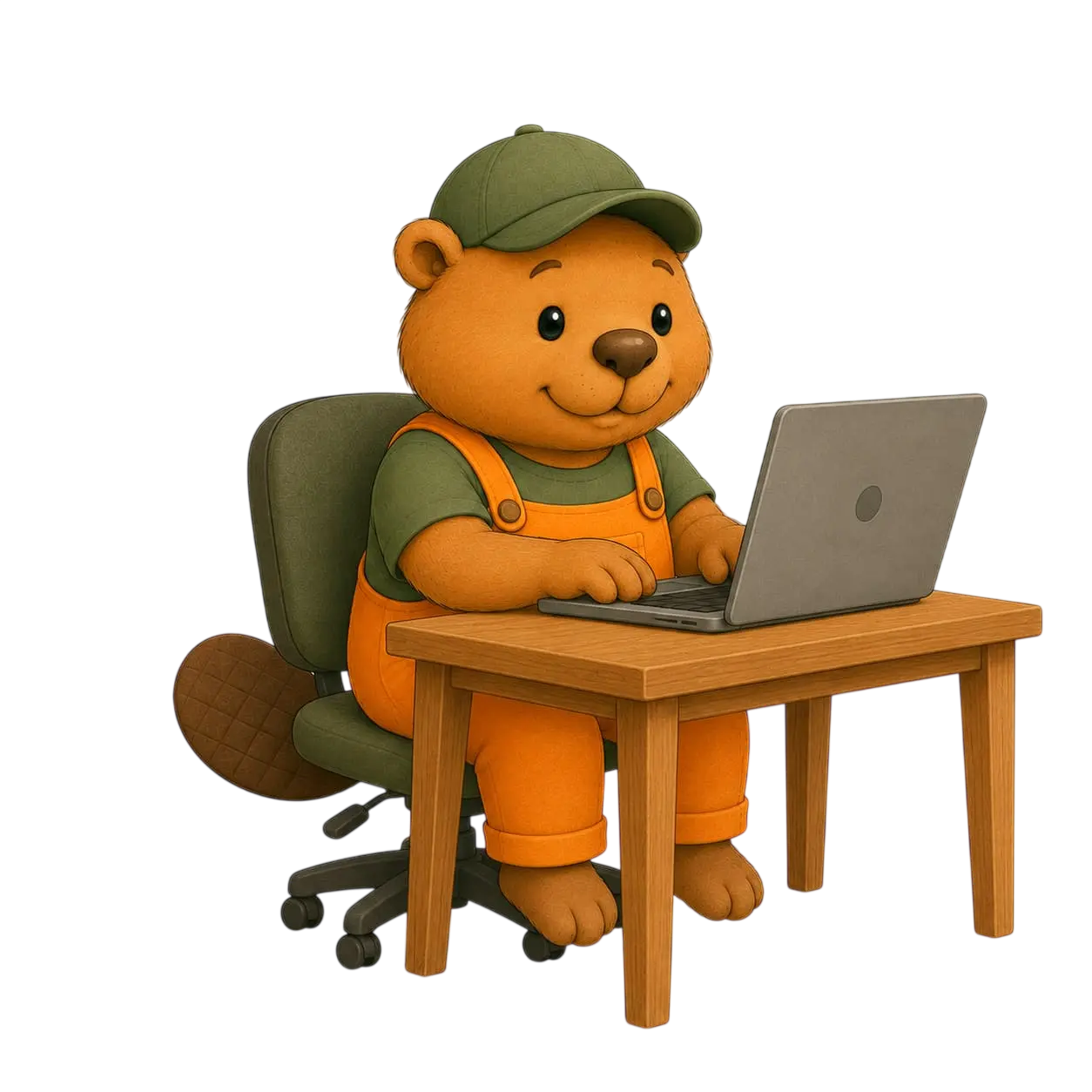 Beaver mascot typing at a desk on a laptop